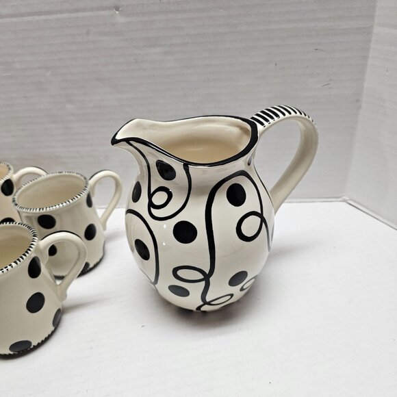 4 Ceramic M Bagwell Mix & Match Polka Dot Black White Striped Pitcher - Picture 4 of 6